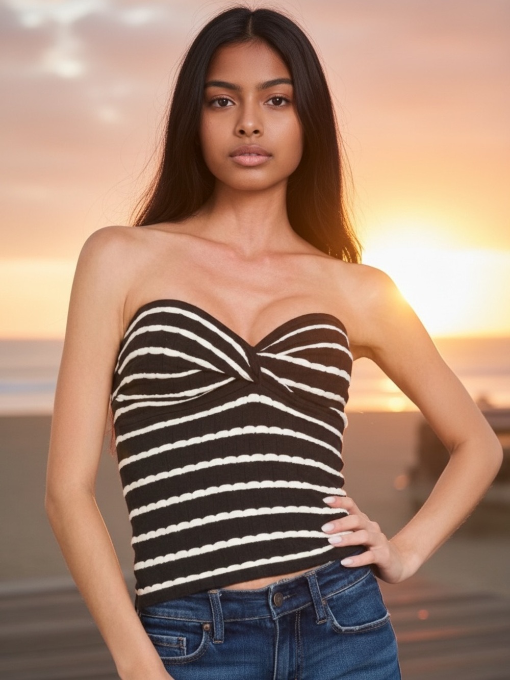 Zénana Striped Strapless Twist Front Tube Crop Top - Black & White Sealed Size L